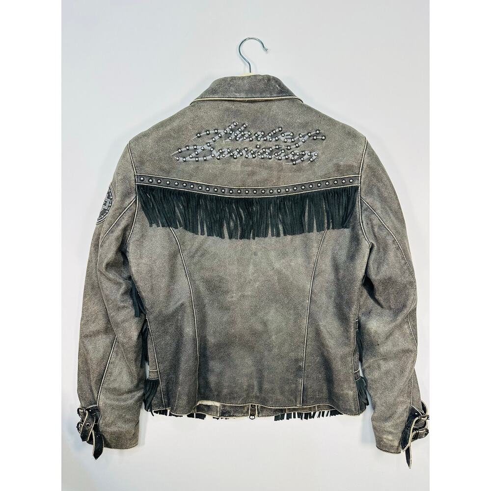 Harley Davidson Aged Leather Fringe Motorcycle Jacket Size Medium - Picture 4 of 10